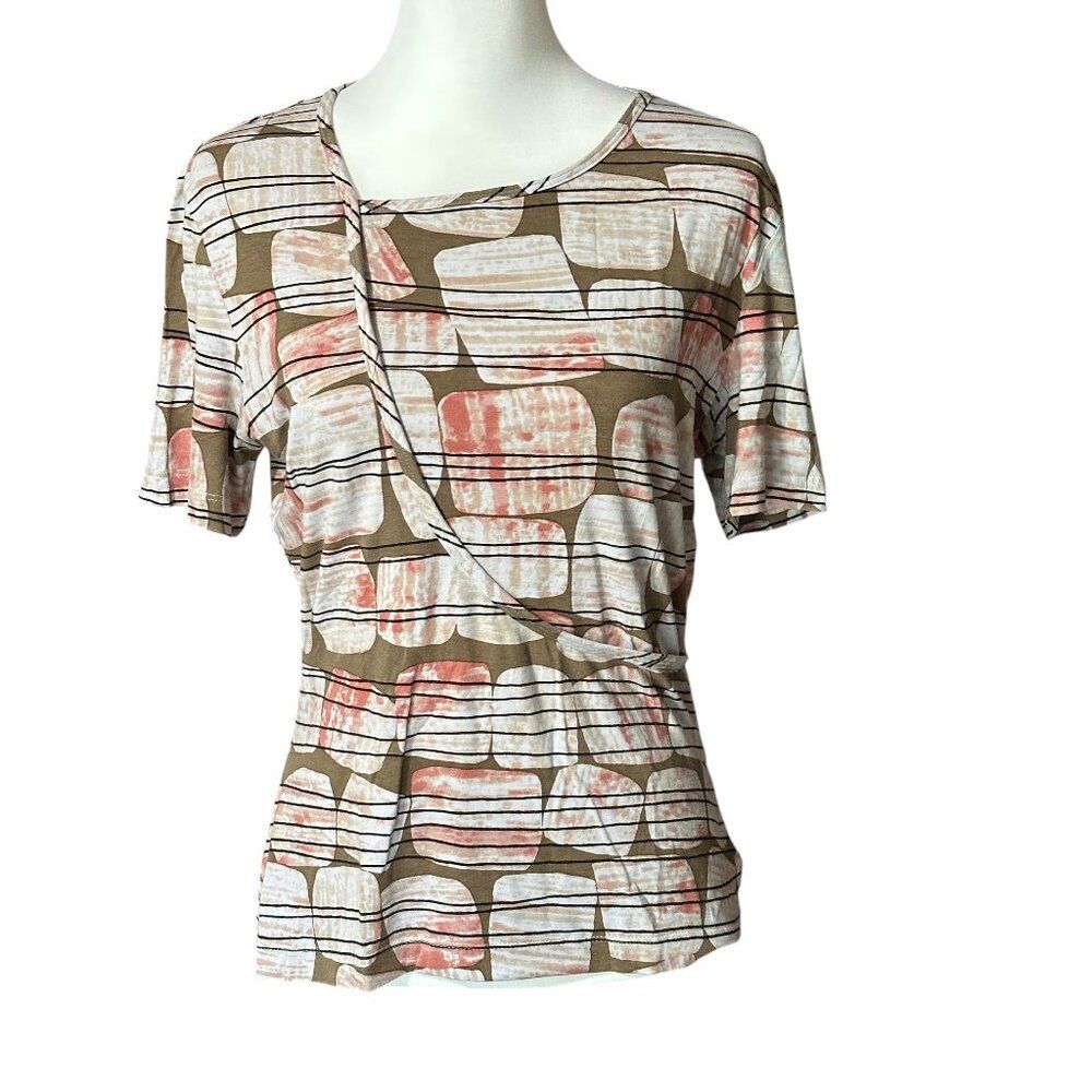 St John Yellow Label Short Sleeve Faux Wrap Stretch Pullover Top Sz M